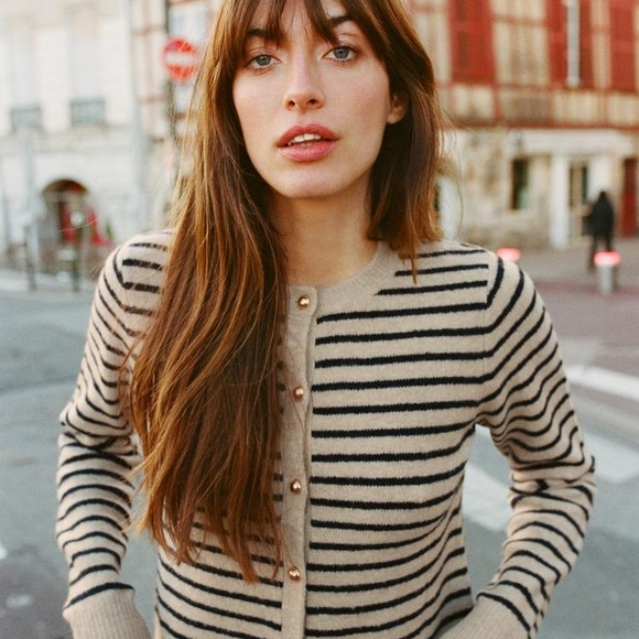 Zara Sweaters - ZARA 1509/104/104 | Cream and Navy Blue Striped Cardigan Sweater
